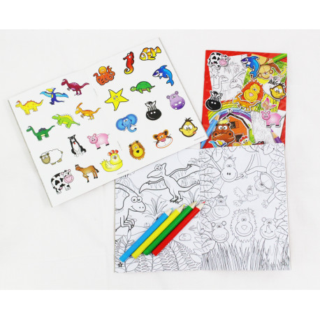 PROMO : ALBUM COLORIAGE " ANIMAUX FUN " + STICKERS + 4 CRAYONS COULEURS